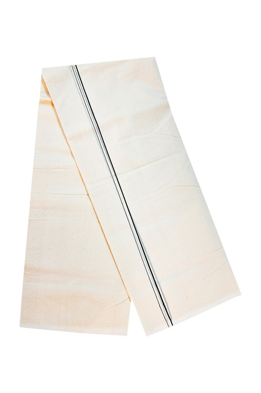 30% DISCOUNT! KaithariKada HANDLOOM Millpaav Balaramapuram - 100% PURE Cotton Off White Double (Unbleached) Mundu/Dhoti - 1cm Dark Green Erkkilkara - 87