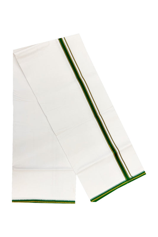 5% DISCOUNT! KaithariKada 100% Cotton PURE WHITE Double Mundu/Dhoti-40s Thread 1.cm  KUPPADAM model Green Kara-93