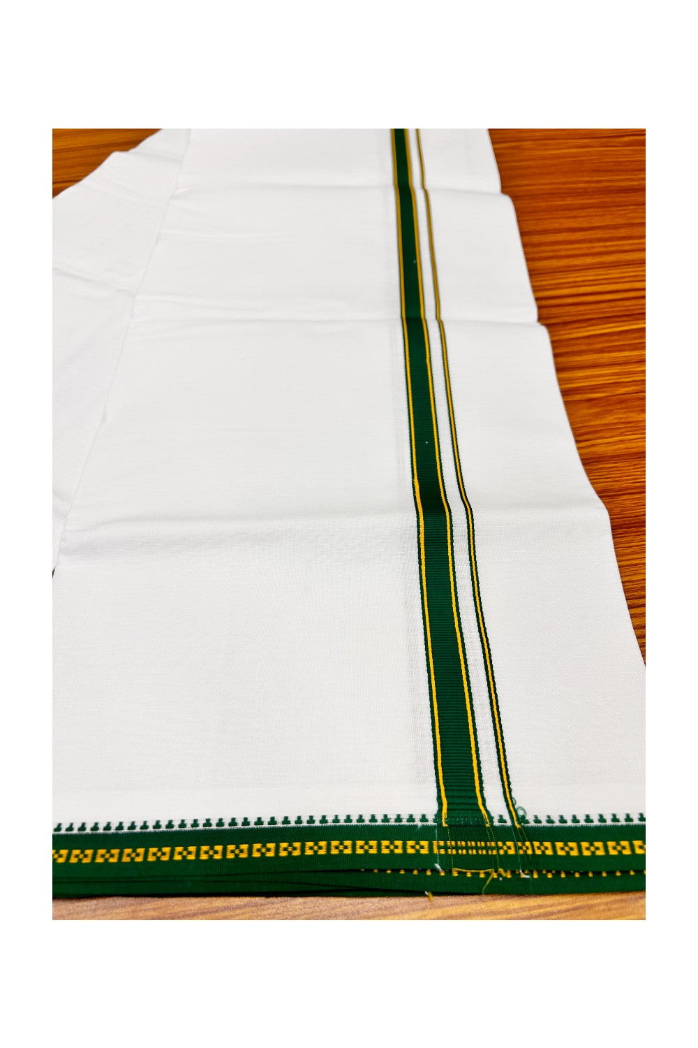 5% DISCOUNT! KaithariKada 100% Cotton PURE WHITE Double Mundu/Dhoti-40s Thread 1.cm  KUPPADAM model Green Kara-93
