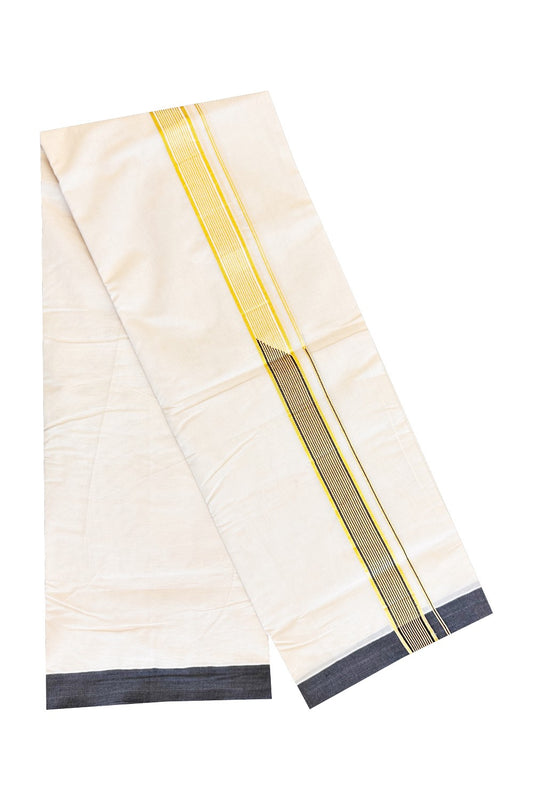 SHORT DHOTI SPECIAL! Kaitharikada.com - 17% Discount! Balaramapuram Double Off white - (Unbleached) Mundu/Dhoti - 100X100 - 1.25 inch Kara & 46 inches Height Chutty Heavy Designer Black & Kasavu Kara- 1KK5142ASH