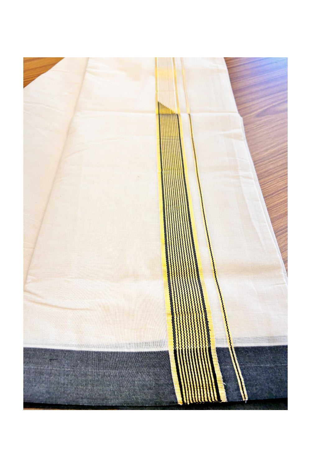 SHORT DHOTI SPECIAL! Kaitharikada.com - 17% Discount! Balaramapuram Double Off white - (Unbleached) Mundu/Dhoti - 100X100 - 1.25 inch Kara & 46 inches Height Chutty Heavy Designer Black & Kasavu Kara- 1KK5142ASH