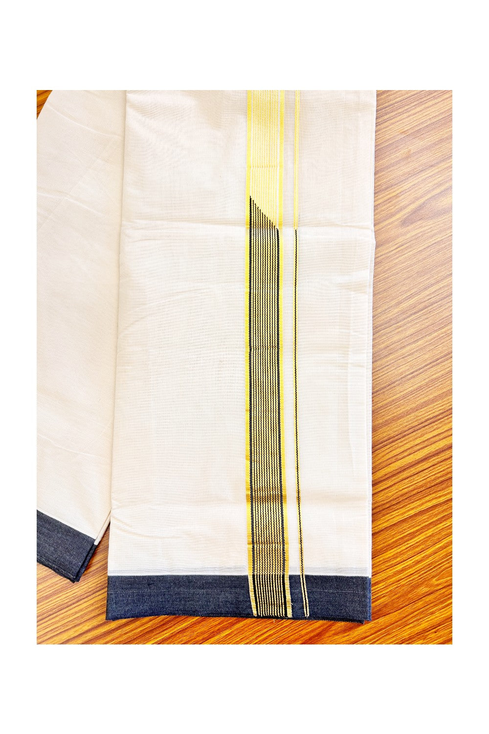 SHORT DHOTI SPECIAL! Kaitharikada.com - 17% Discount! Balaramapuram Double Off white - (Unbleached) Mundu/Dhoti - 100X100 - 1.25 inch Kara & 46 inches Height Chutty Heavy Designer Black & Kasavu Kara- 1KK5142ASH