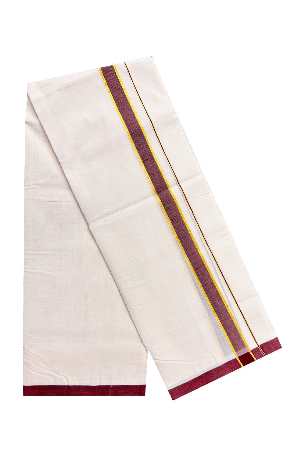 30% DISCOUNT! KaithariKada BALARAMAPURAM HANDLOOM UNAKKUPAAV - 100% PURE Cotton off white (Unbleached) Double Mundu/Dhoti -  2inch Kasavu & Maroon Kara-45