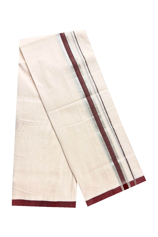 30% DISCOUNT! KaithariKada BALARAMAPURAM HANDLOOM UNAKKUPAAV - 100% PURE Cotton off white (Unbleached) Double Mundu/Dhoti - 2.25 inch Silver Kasavu & Maroon Kara-46