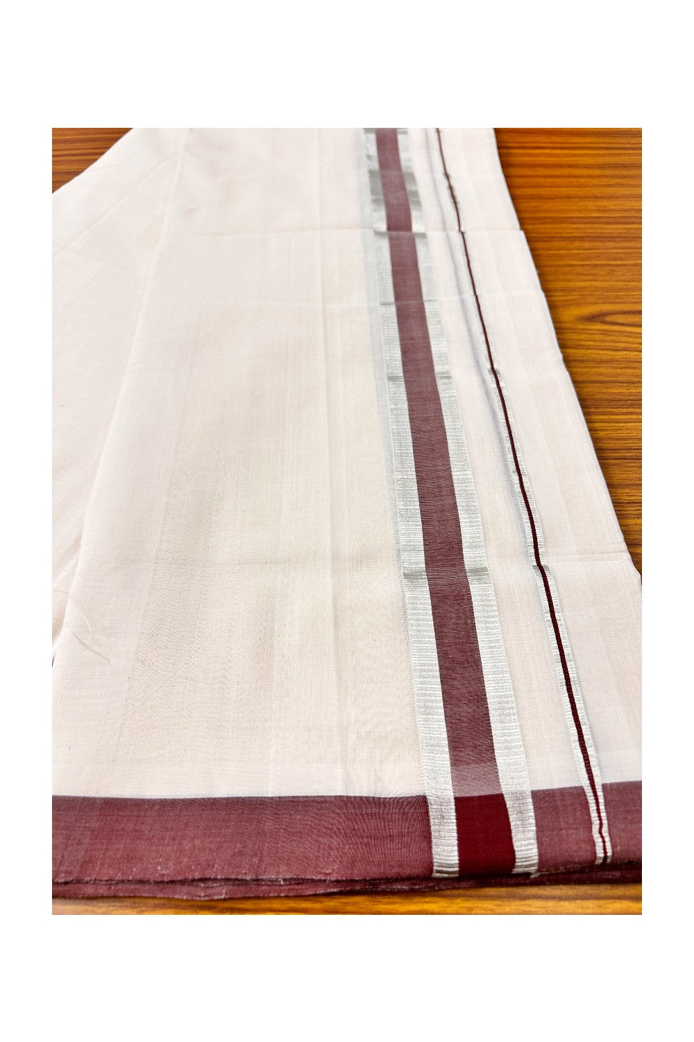 30% DISCOUNT! KaithariKada BALARAMAPURAM HANDLOOM UNAKKUPAAV - 100% PURE Cotton off white (Unbleached) Double Mundu/Dhoti - 2.25 inch Silver Kasavu & Maroon Kara-46
