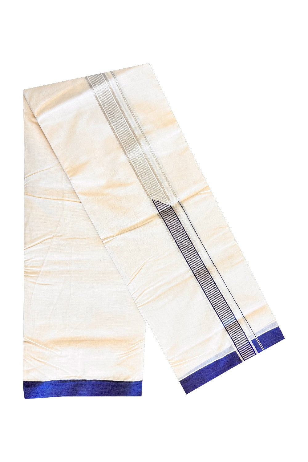 15% DISCOUNT! KaithariKada Balaramapuram 100% Cotton Double Off white Mundu/Dhoti-100x100 1.5  inch  Chutty Heavy Designer NAVY BLUE & SILVER Kasavu Kara-40