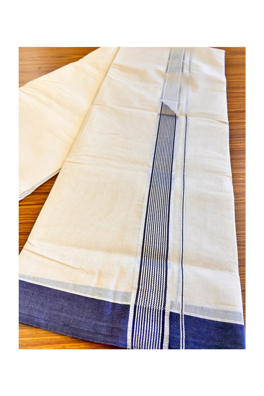 15% DISCOUNT! KaithariKada Balaramapuram 100% Cotton Double Off white Mundu/Dhoti-100x100 1.5  inch  Chutty Heavy Designer NAVY BLUE & SILVER Kasavu Kara-40