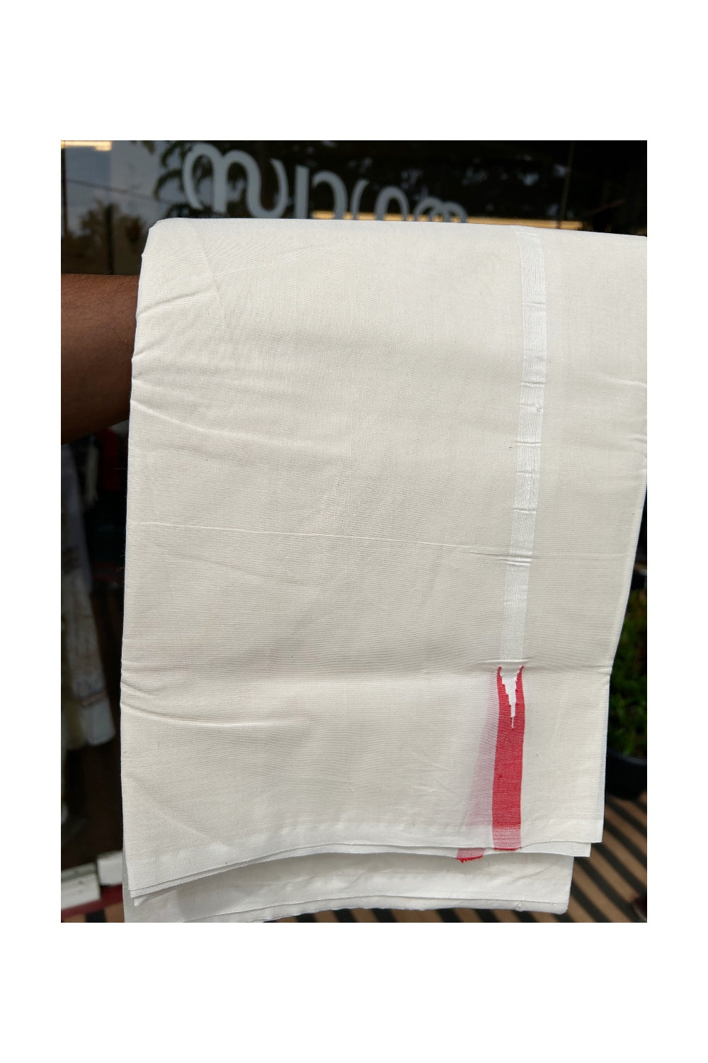 5% Discount KaithariKada Balaramapuram 100% Cotton Off White - (Unbleached) - Double Mundu/Dhoti - 100x100 1.cm Red Chutty Kara - 112