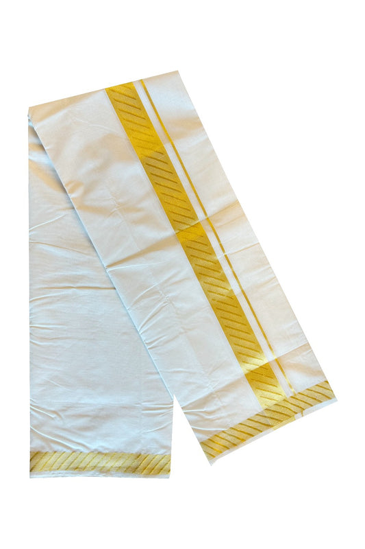 30% Discount KaithariKada HANDLOOM Unakkupaav Balaramapuram - 100% PURE Cotton Off White (Unbleached) Double Mundu/Dhoti - Gold 2.5inch Kasavu Lines-175