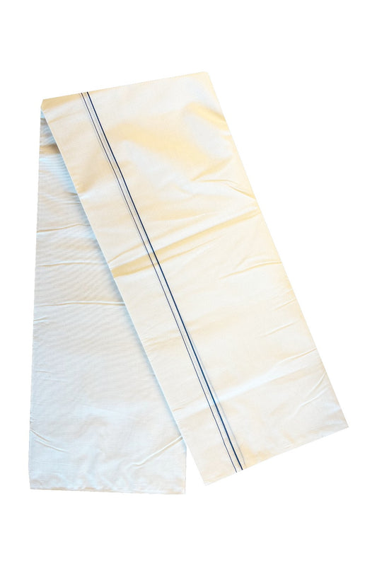 30% Discount KaithariKada HANDLOOM Millpaav Balaramapuram - 100% PURE Cotton Off White (Unbleached) Double Mundu/Dhoti - 1cm Navy Blue Kara-177