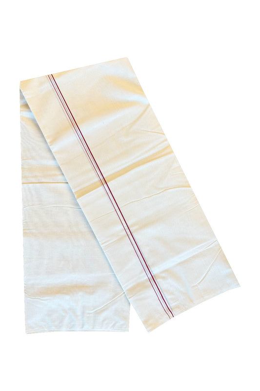 30% DISCOUNT! KaithariKada HANDLOOM Millpaav Balaramapuram - 100% PURE Cotton Off White (Unbleached) Double Mundu/Dhoti - 1cm Maroon Kara-178