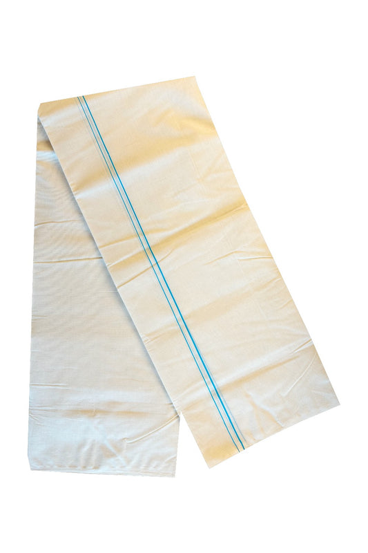 30% DISCOUNT! KaithariKada HANDLOOM Millpaav Balaramapuram - 100% PURE Cotton Off White (Unbleached) Double Mundu/Dhoti - 1cm Sky Blue-180