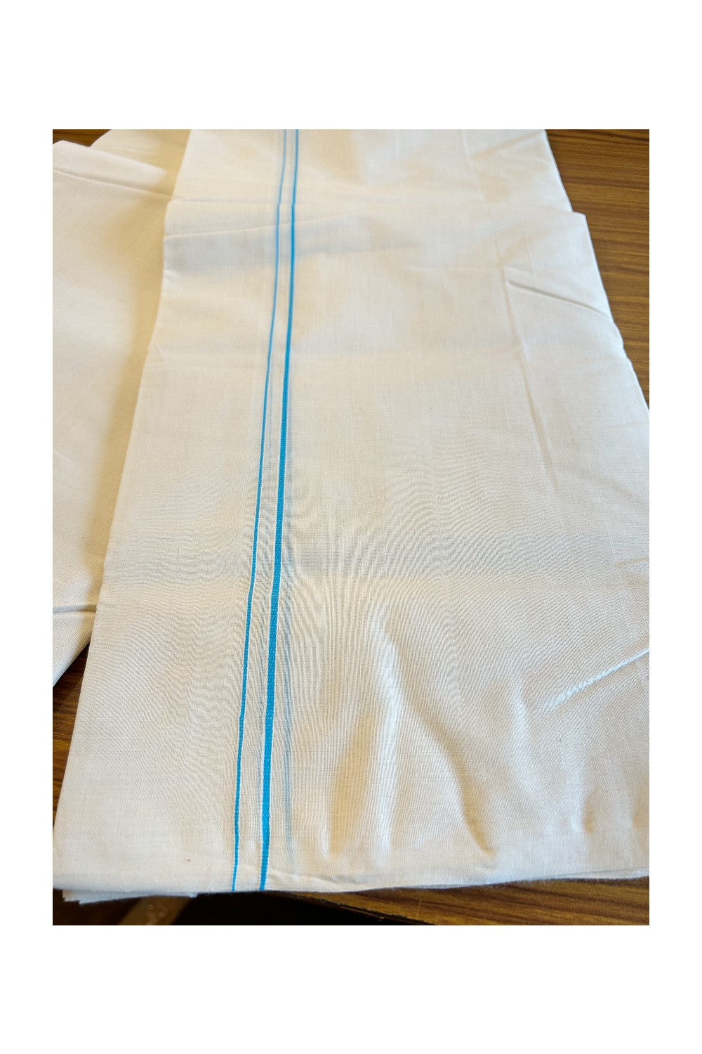 30% DISCOUNT! KaithariKada HANDLOOM Millpaav Balaramapuram - 100% PURE Cotton Off White (Unbleached) Double Mundu/Dhoti - 1cm Sky Blue-180