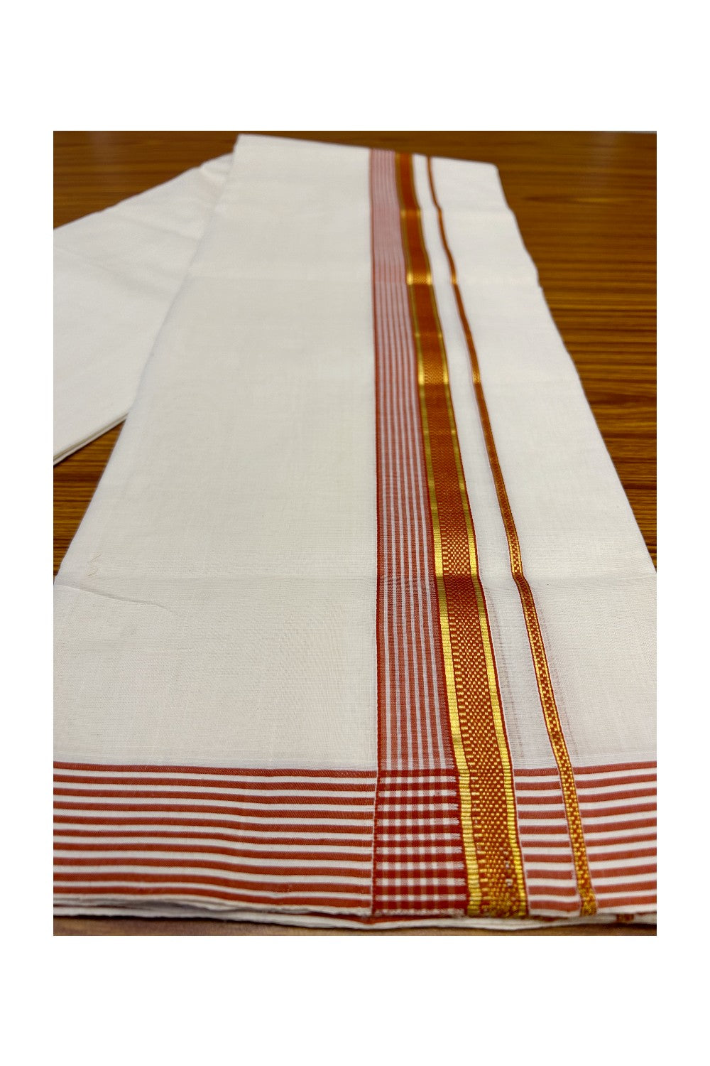 30% Discount KaithariKada HANDLOOM Unakkupaav Balaramapuram - 100% PURE Cotton Off White (Unbleached) Double Mundu/Dhoti - 2.25 inch  Kasavu & Brick Red Stripes Designer Kara-221