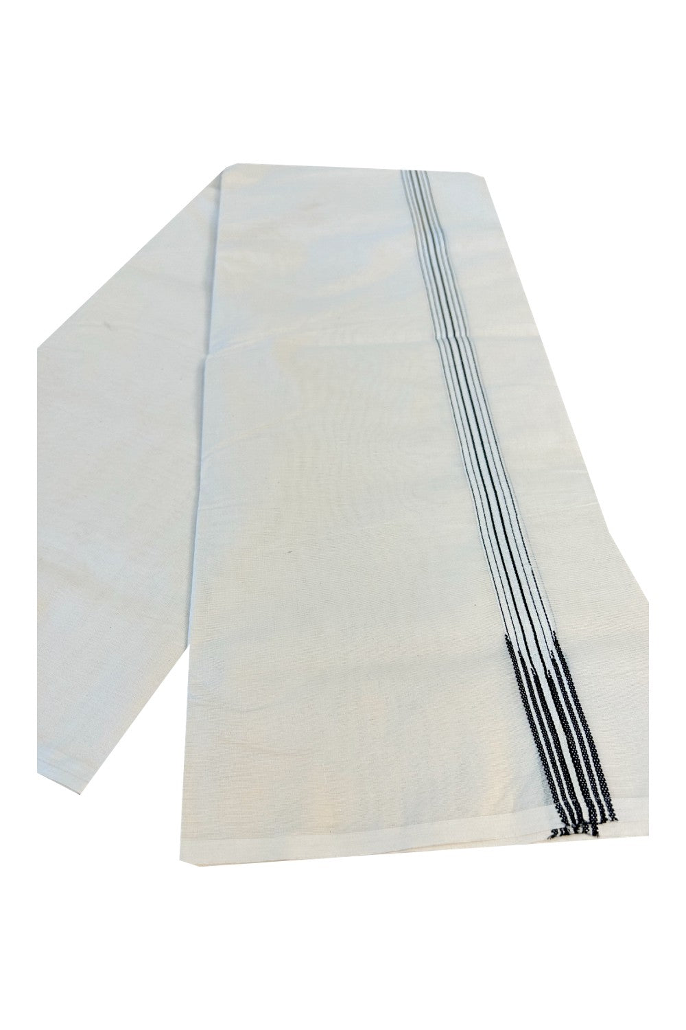 21% Offer! KaithariKada Balaramapuram 100% Cotton  Off White (Unbleached) Double Mundu/Dhoti-100x100 Puliyilakkara 0.75 Inch 6 line Black chutty - 24