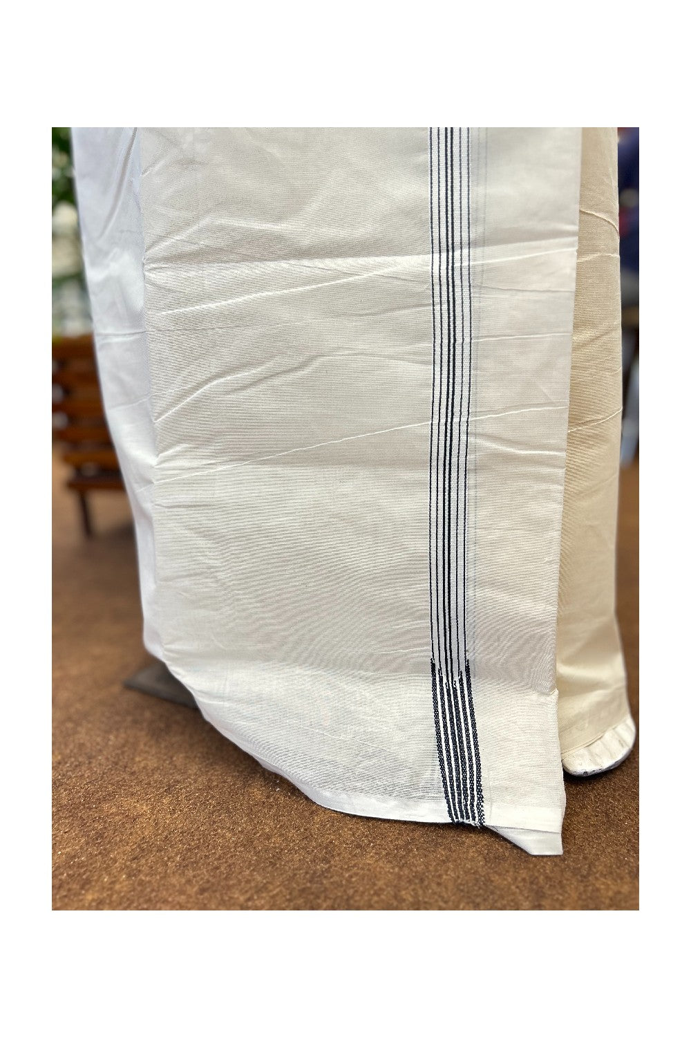 21% Offer! KaithariKada Balaramapuram 100% Cotton  Off White (Unbleached) Double Mundu/Dhoti-100x100 Puliyilakkara 0.75 Inch 6 line Black chutty - 24