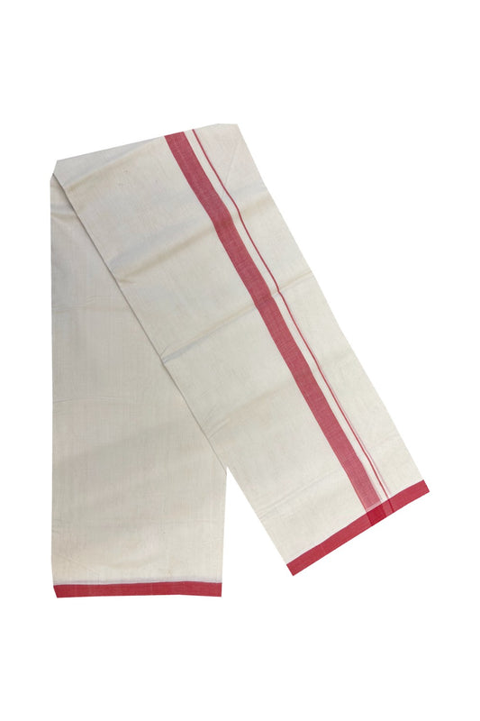 25% DISCOUNT! KaithariKada HANDLOOM UNAKKUPAAV Balaramapuram - 2inch 100% PURE Cotton off white (Unbleached) Double Mundu/Dhoti - Light Maroon Mulloth Design-93