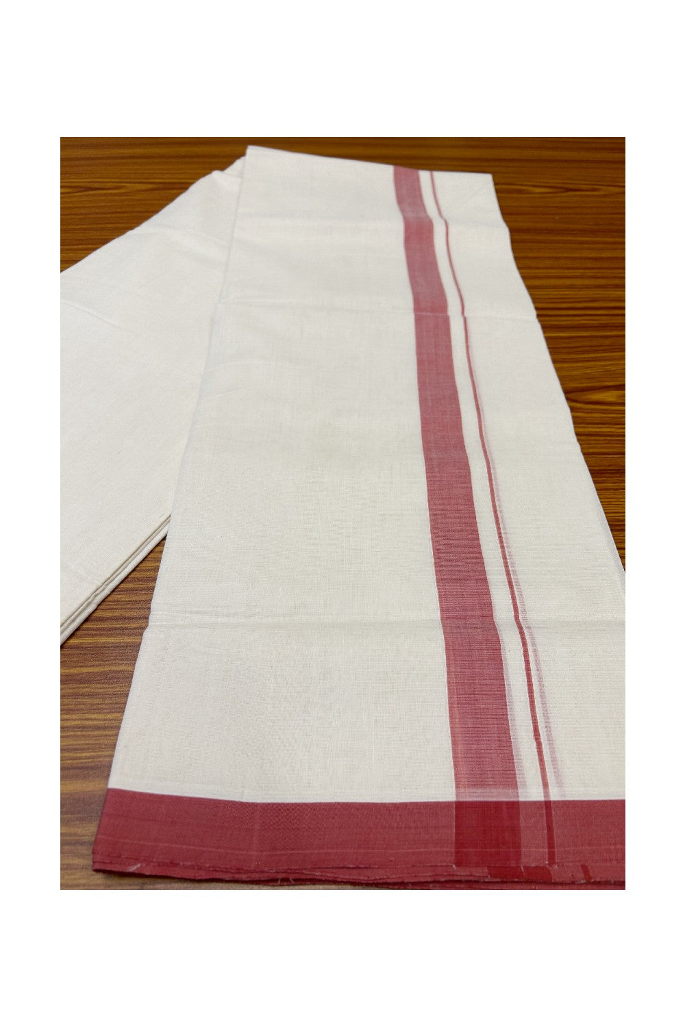 25% DISCOUNT! KaithariKada HANDLOOM UNAKKUPAAV Balaramapuram - 2inch 100% PURE Cotton off white (Unbleached) Double Mundu/Dhoti - Light Maroon Mulloth Design-93