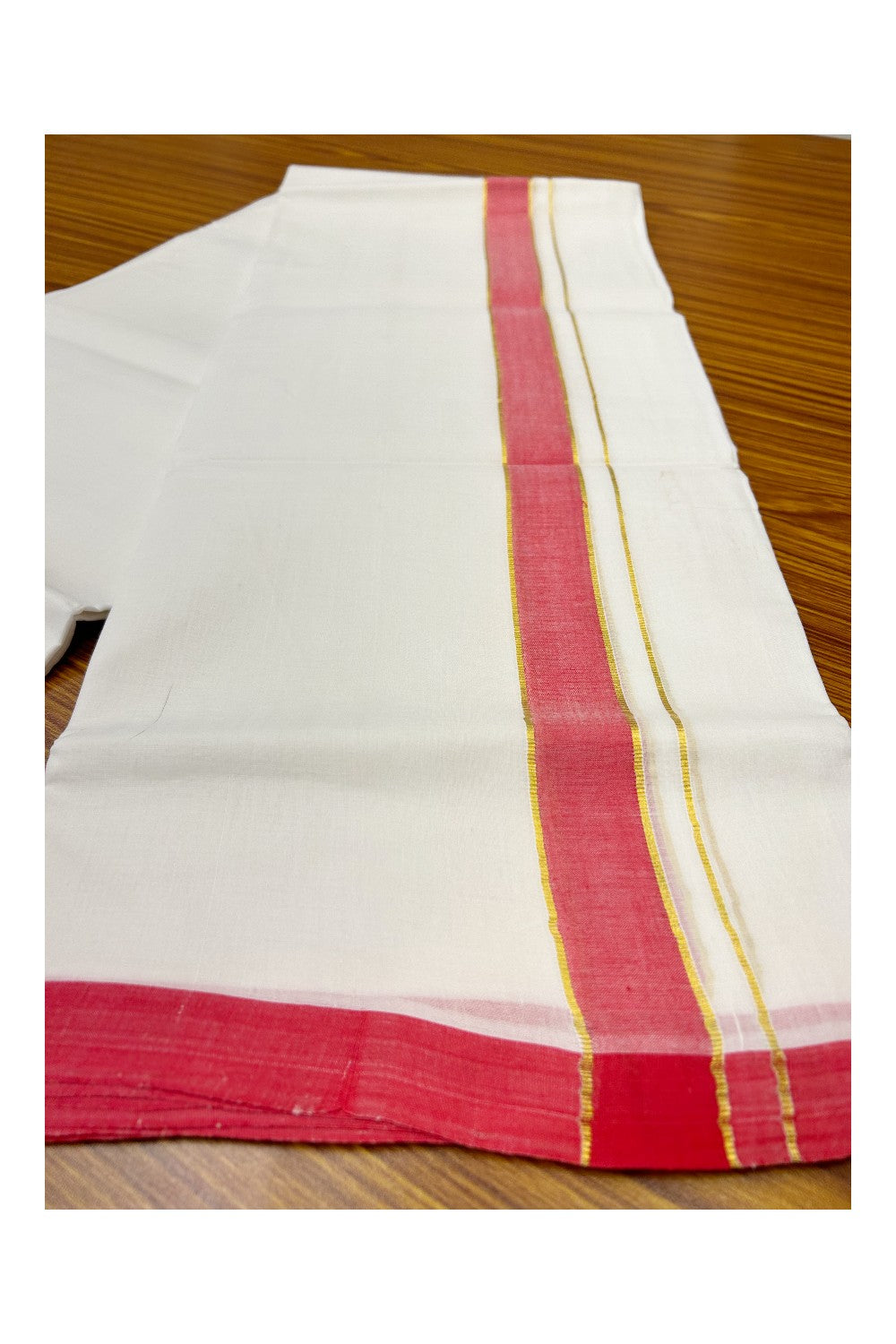 30% DISCOUNT! KaithariKada HANDLOOM UNAKKUPAAV Balaramapuram - 100% PURE Cotton Double PURE WHITE Mundu/Dhoti -  2 inch Red & Kasavu Stripes-152