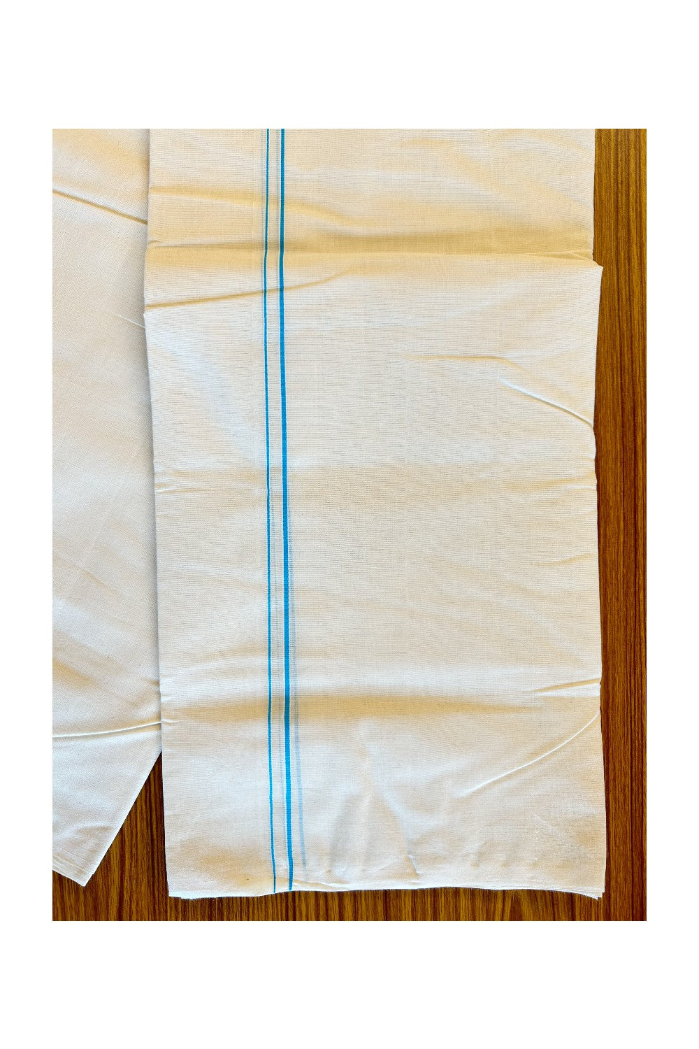 30% DISCOUNT! KaithariKada HANDLOOM Millpaav Balaramapuram - 100% PURE Cotton Off White (Unbleached) Double Mundu/Dhoti - 1cm Sky Blue-180