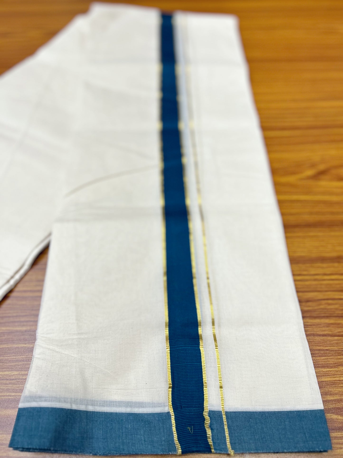 20% Discount KaithariKada Balaramapuram 100% Cotton Double Off white - (Unbleached) - Mundu/Dhoti-100x80 - 1.75 inch Gold Kasavu & Peacock green Kara 3.75 mtr  (8 Muzham) - KK8DOT0145