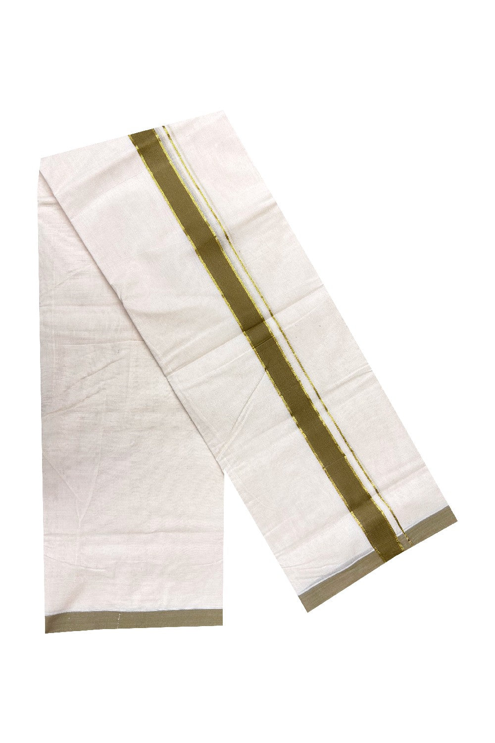 20% Discount KaithariKada Balaramapuram 100% Cotton Double Off white - (Unbleached) - Mundu/Dhoti- 100x80 - 1.75inch Gold Kasavu & Sage Green Kara 3.75 mtr (8 Muzham)- KK8DOT0147