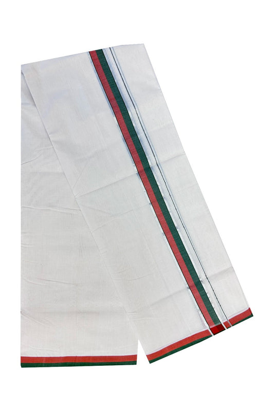 30% Discount KaithariKada HANDLOOM Unakkupaav Balaramapuram - 100% PURE Cotton Off White (Unbleached) - 100x100 Double Mundu/Dhoti - 2 inch  Silver Kasavu Green & Red Kara- 209