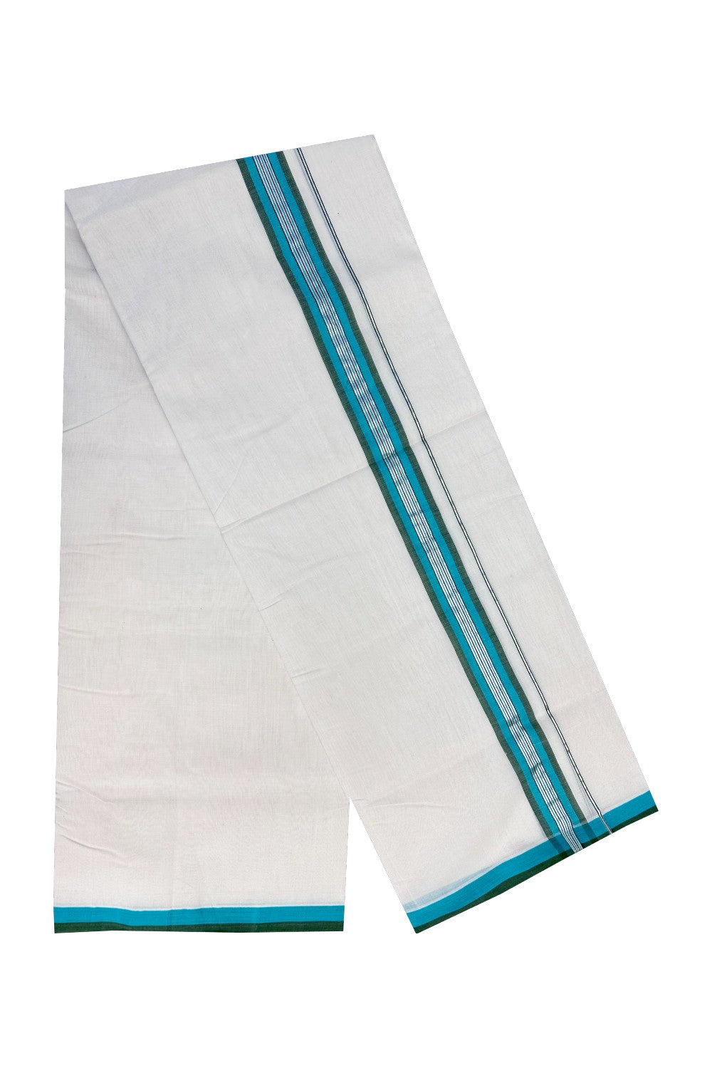 30% Discount KaithariKada HANDLOOM Unakkupaav Balaramapuram - 100% PURE Cotton Off White (Unbleached) - 100x100 Double Mundu/Dhoti - 2 inch Silver Kasavu Blue & Green Kara- 210