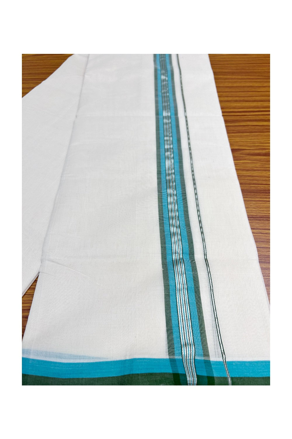 30% Discount KaithariKada HANDLOOM Unakkupaav Balaramapuram - 100% PURE Cotton Off White (Unbleached) - 100x100 Double Mundu/Dhoti - 2 inch Silver Kasavu Blue & Green Kara- 210