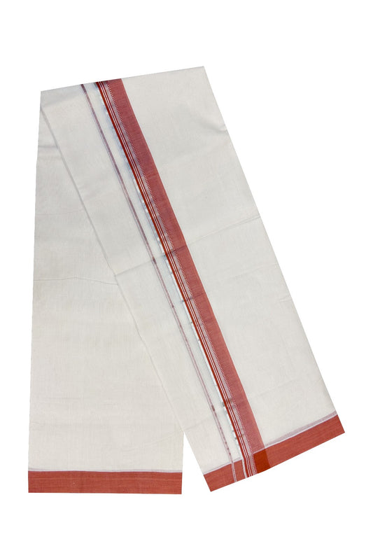30% Discount KaithariKada HANDLOOM Unakkupaav Balaramapuram - 100% PURE Cotton Off White(Unbleached) - 100x100 Double Mundu/Dhoti - 2.25 inch Silver Kasavu Brick Red Kara- 212