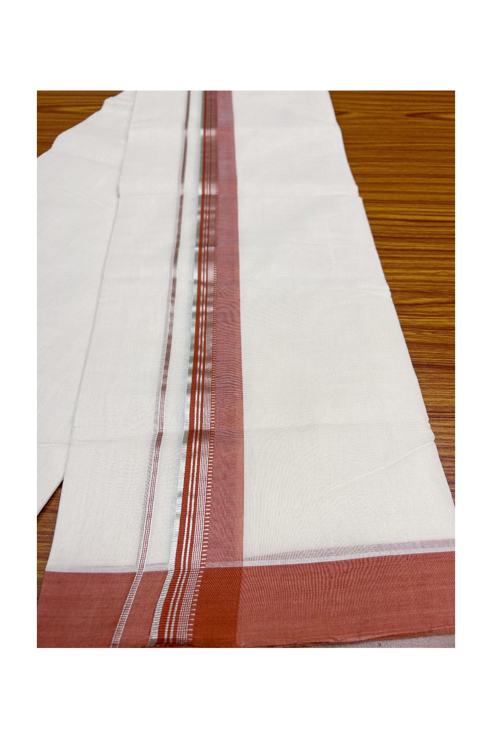 30% Discount KaithariKada HANDLOOM Unakkupaav Balaramapuram - 100% PURE Cotton Off White(Unbleached) - 100x100 Double Mundu/Dhoti - 2.25 inch Silver Kasavu Brick Red Kara- 212