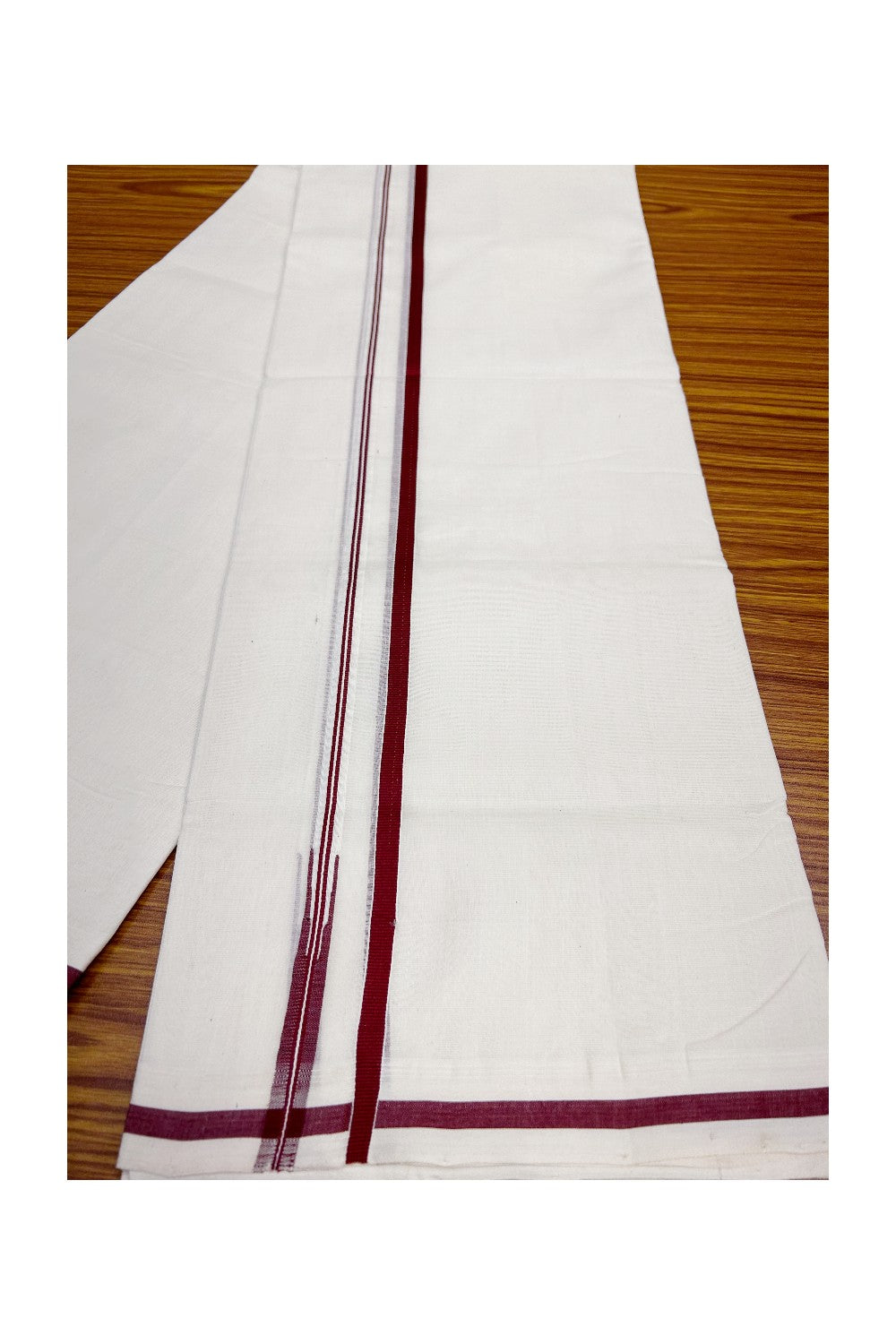 31% Discount KaithariKada HANDLOOM Unakkupaav Balaramapuram - 100% PURE Cotton Off White (Unbleached) - 100x100 Double Mundu/Dhoti -  1.cm Puliyilakkara Chutty Maroon Kara-213