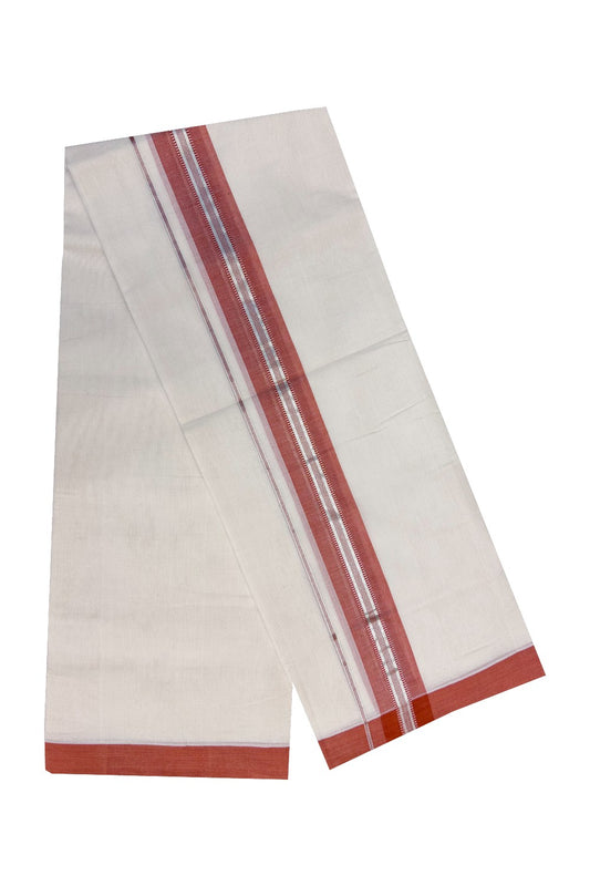 30% Discount KaithariKada HANDLOOM Unakkupaav Balaramapuram - 100% PURE Cotton Off White (Unbleached) - 100x100 Double Mundu/Dhoti - 2.75 inch Silver Kasavu Brick Red Kara-217
