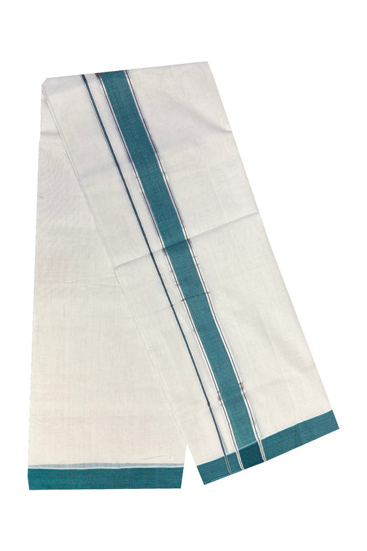 30% Discount KaithariKada HANDLOOM Unakkupaav Balaramapuram - 100% PURE Cotton Off White (Unbleached) - 100x100 Double Mundu/Dhoti -2.5 inch Silver Kasavu Green Blue & Black Stripes Kara- 222