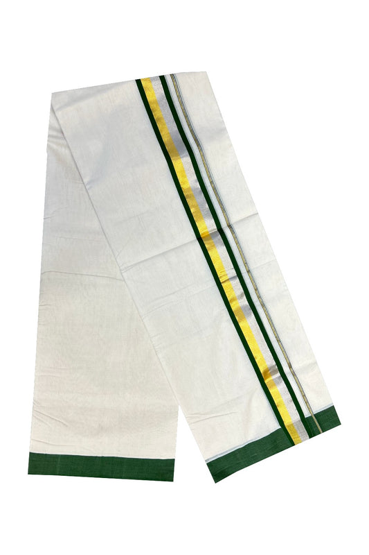 30% Discount KaithariKada HANDLOOM Unakkupaav Balaramapuram - 100% PURE Cotton Off White (Unbleached) - 100x100 Double Mundu/Dhoti - 2.25 inch Gold & Silver Kasavu Green Stripes Kara- 225
