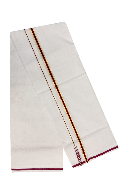 26% DISCOUNT!! KaithariKada HANDLOOM Unakkupaav Balaramapuram - 100% PURE Cotton Off White (Unbleached) - 100x100 Double Mundu/Dhoti -  1.5cm Chutty Puliyilakkara Kasavu Maroon Kara-230