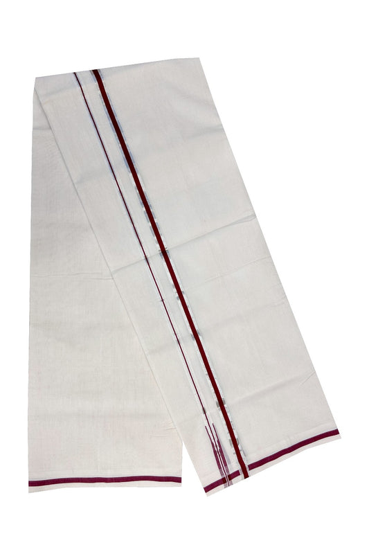 26% DISCOUNT!! KaithariKada HANDLOOM Unakkupaav Balaramapuram - 100% PURE Cotton Off White (Unbleached) - 100x100 Double Mundu/Dhoti - 1.5cm  Chutty Puliyilakkara Silver Kasavu Maroon Kara-231