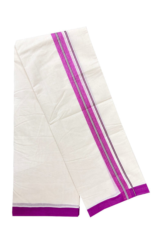 21% Discount New!! KaithariKada Balaramapuram 100% Cotton Double Off white - (Unbleached) - Mundu/Dhoti-100x100 - 2 inch Vadamulla / Purple Strips kara - 44