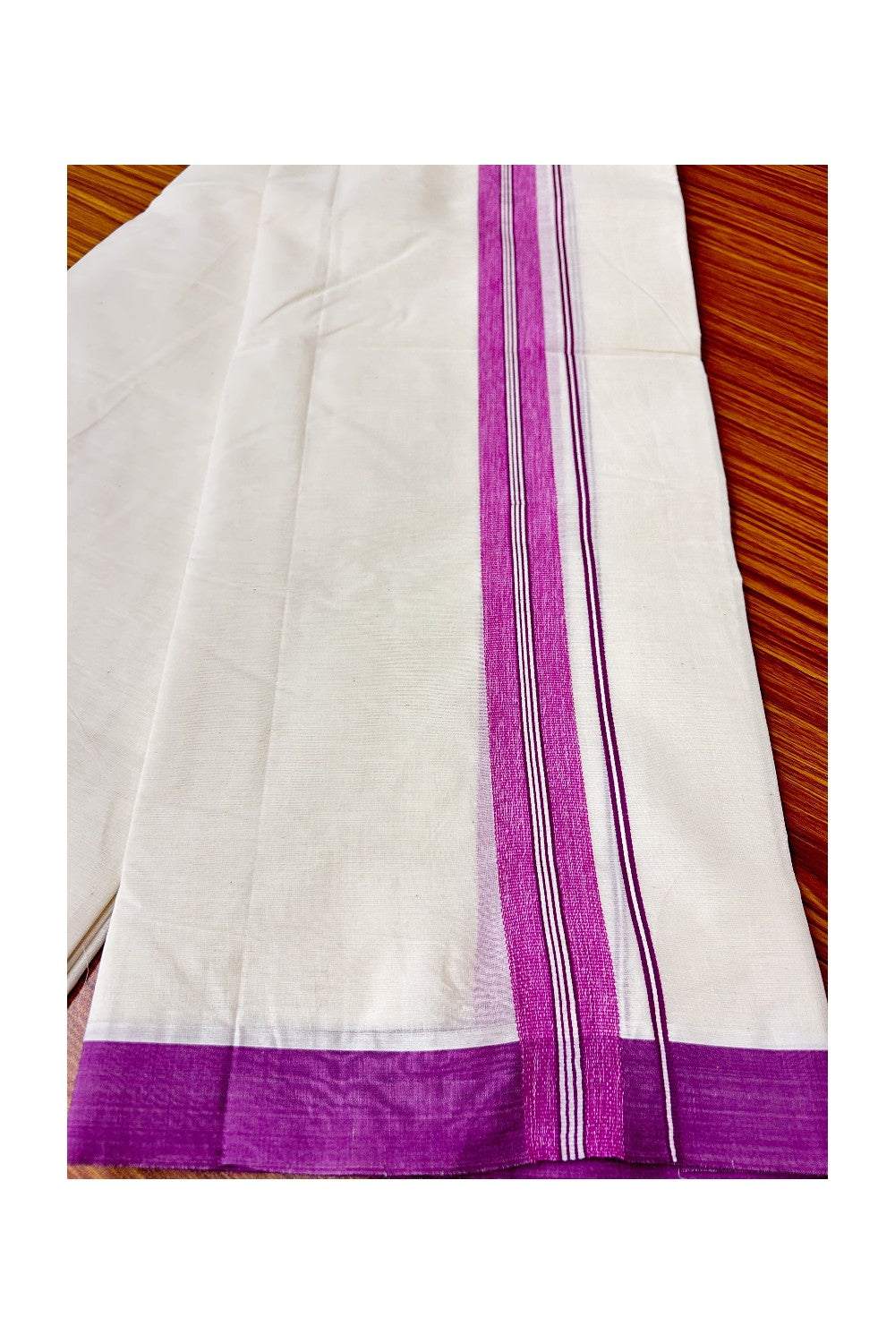 21% Discount New!! KaithariKada Balaramapuram 100% Cotton Double Off white - (Unbleached) - Mundu/Dhoti-100x100 - 2 inch Vadamulla / Purple Strips kara - 44