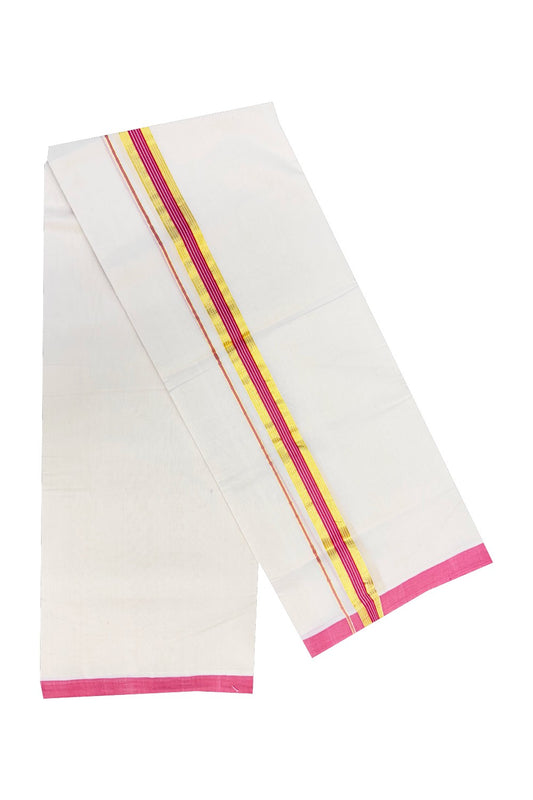 30% DISCOUNT! KaithariKada HANDLOOM Millpaav Balaramapuram - 100% PURE Cotton Off White (Unbleached) - 100x100 Double Mundu/Dhoti - 2 inch  Gold Kasavu Pink + Red Kara- 77