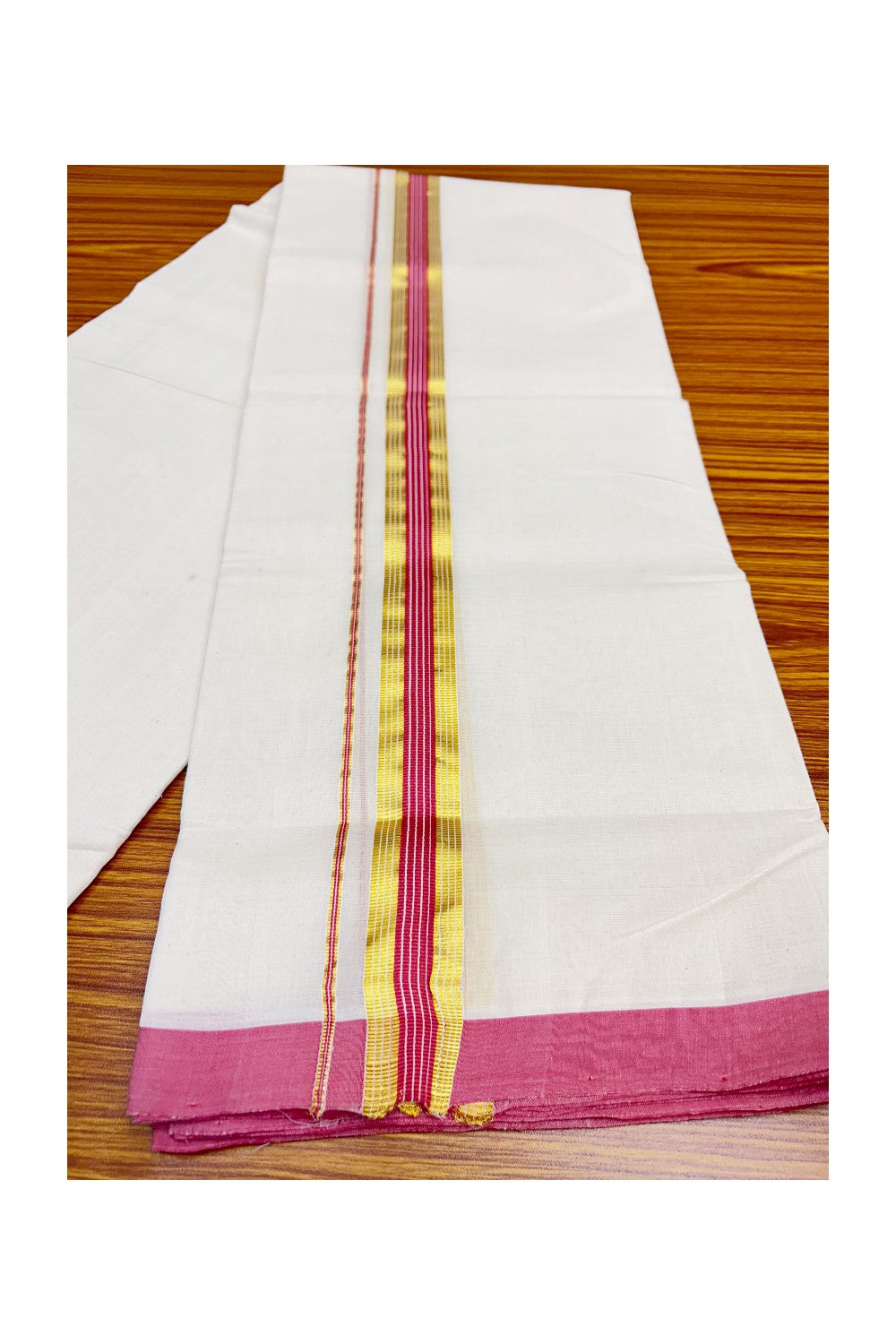 30% DISCOUNT! KaithariKada HANDLOOM Millpaav Balaramapuram - 100% PURE Cotton Off White (Unbleached) - 100x100 Double Mundu/Dhoti - 2 inch  Gold Kasavu Pink + Red Kara- 77