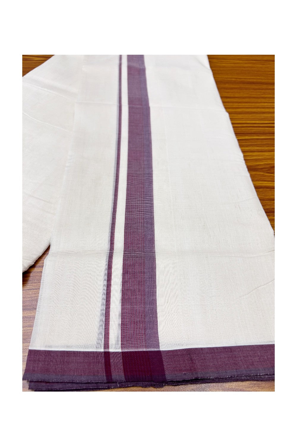 30% OFFER! KaithariKada HANDLOOM Unakkupaav Balaramapuram - 100% PURE Cotton Off White (Unbleached)  - 100x100 Double Mundu/Dhoti - 2inch  Vine Red + Red stripes Kara-104