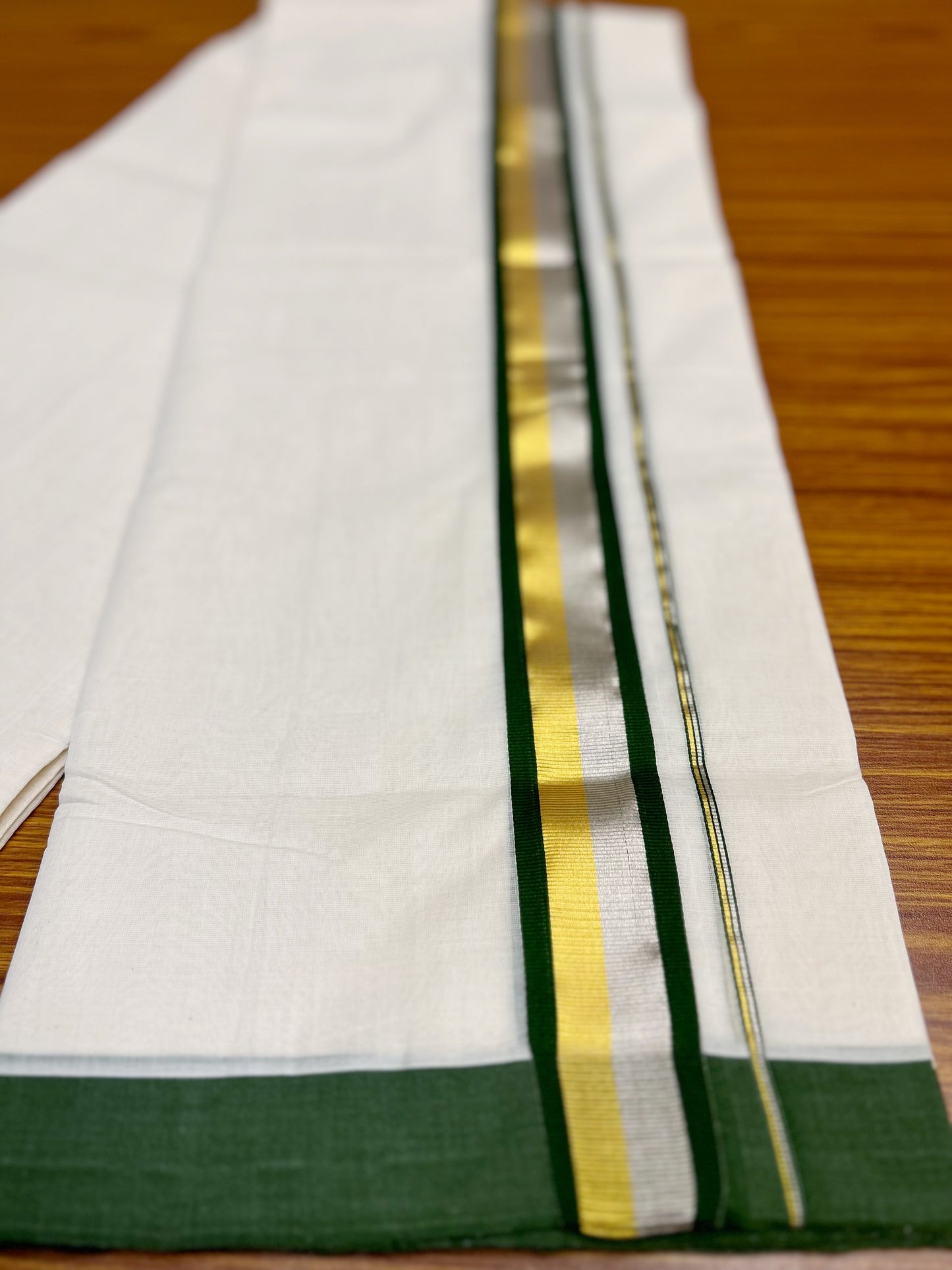 30% Discount KaithariKada HANDLOOM Unakkupaav Balaramapuram - 100% PURE Cotton Off White (Unbleached) - 100x100 Double Mundu/Dhoti - 2.25 inch Gold & Silver Kasavu Green Stripes Kara- 225