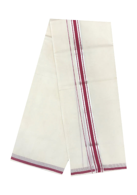 25% DISCOUNT! KaithariKada Balaramapuram Handloom 100% Cotton Double Off white (Unbleached) Mundu/Dhoti-100X100- 2 inch  Silver Kasavu & Magenta  Kara.-3.
