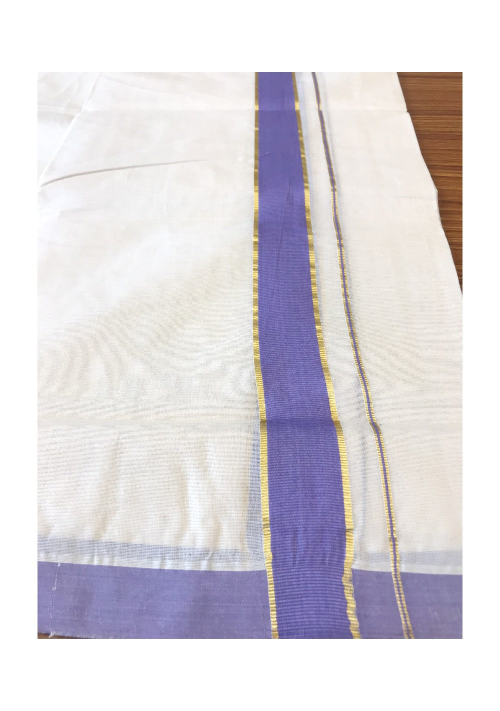 10% DISCOUNT! KaithariKada Balaramapuram 100% Cotton Double Off white - (Unbleached) -Mundu/Dhoti-100X100- 2 inch Gold Kasavu & Violet Kara- 16.