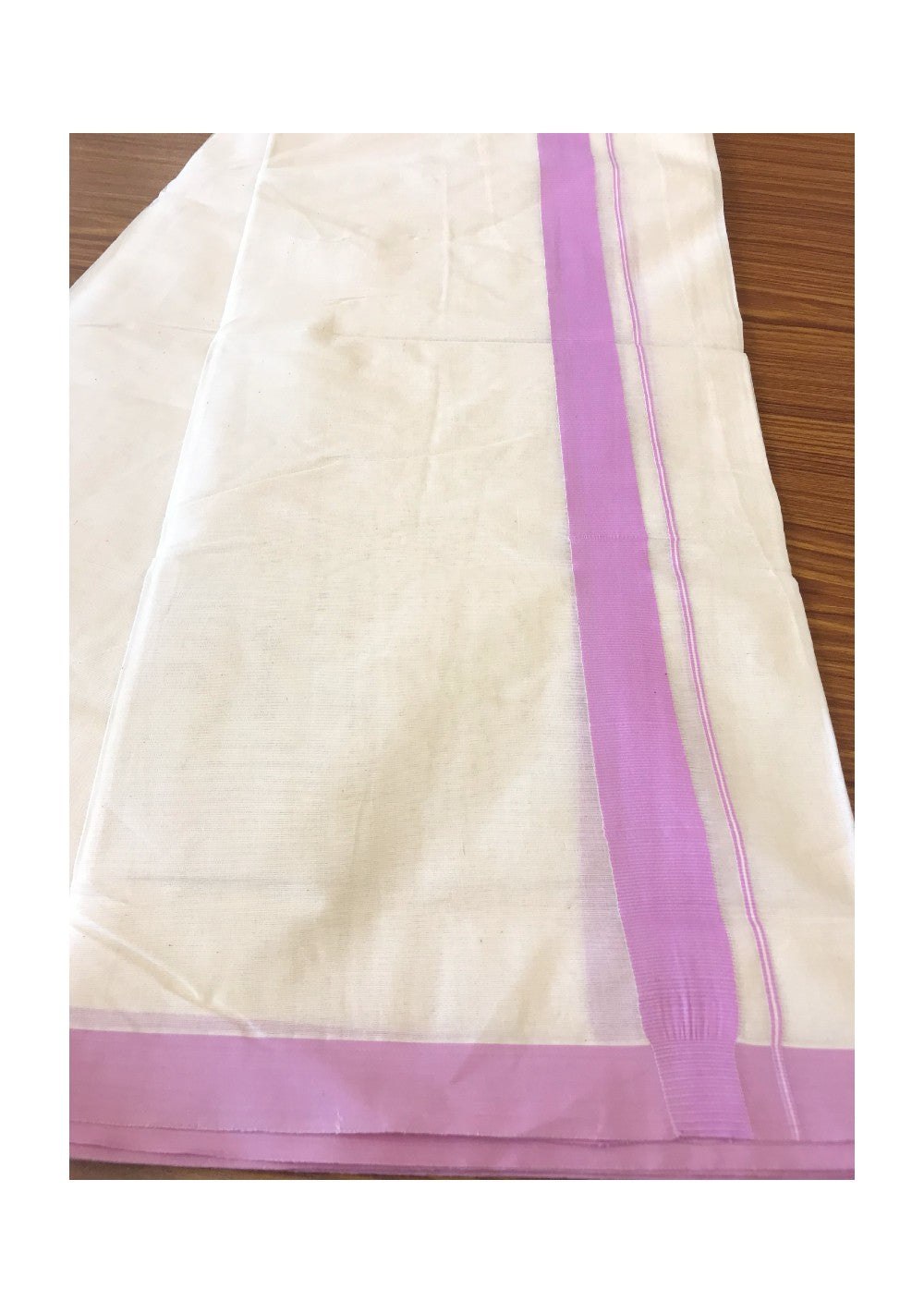 10% DISCOUNT! KaithariKada Balaramapuram 100% Cotton Double Off white - (Unbleached) - Mundu/Dhoti-100X100 - 1.75 inch Lavender Violet  Kara- 22.