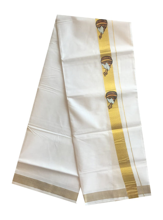 20% DISCOUNT! KaithariKada Balaramapuram 100% Cotton Double Off white - (Unbleached) Mundu/Dhoti-100X100- KASAVU GHEE POT MURAL PAINT DESIGN 2. inch  Kara.- KKDOT3.