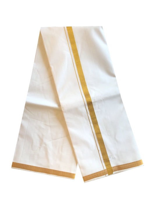 10% DISCOUNT! KaithariKada Cotton PURE White - 80% Cotton Body & 20% Polyester - 80x80 thread - NORTH INDIAN ATTACHED GAMCHA - 9X5 Dhoti KASAVU - 1. inch Border.
