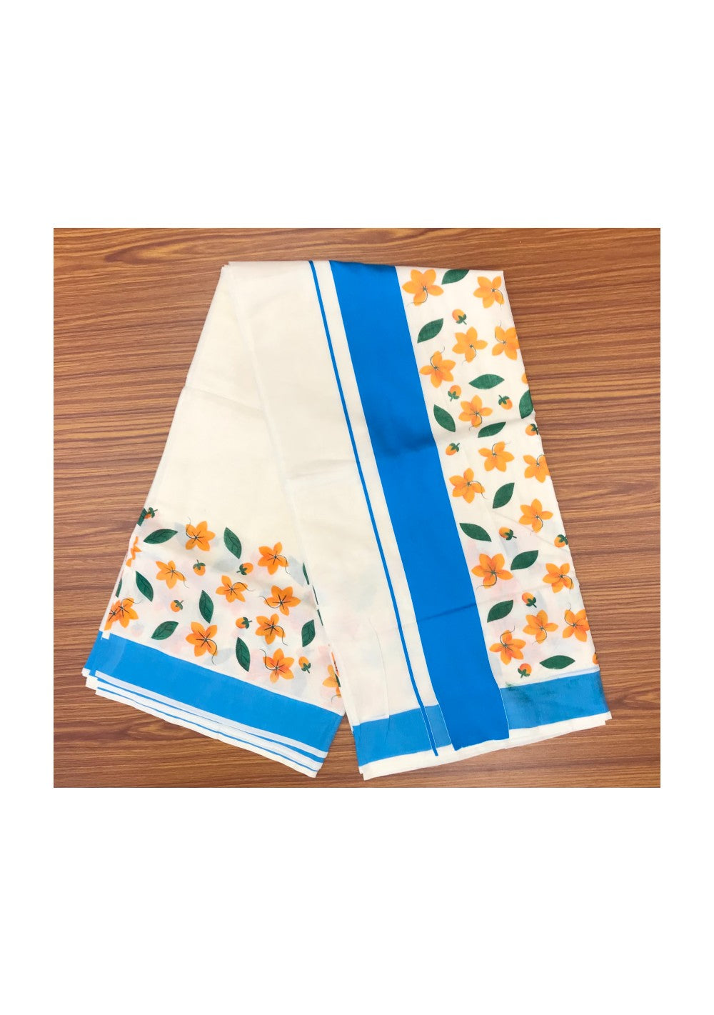 20% Kaitharikada Kerala Saree - Cotton Printed 4 Inch Sky Blue Boder  Zari -Orange Flower Prints- 5
