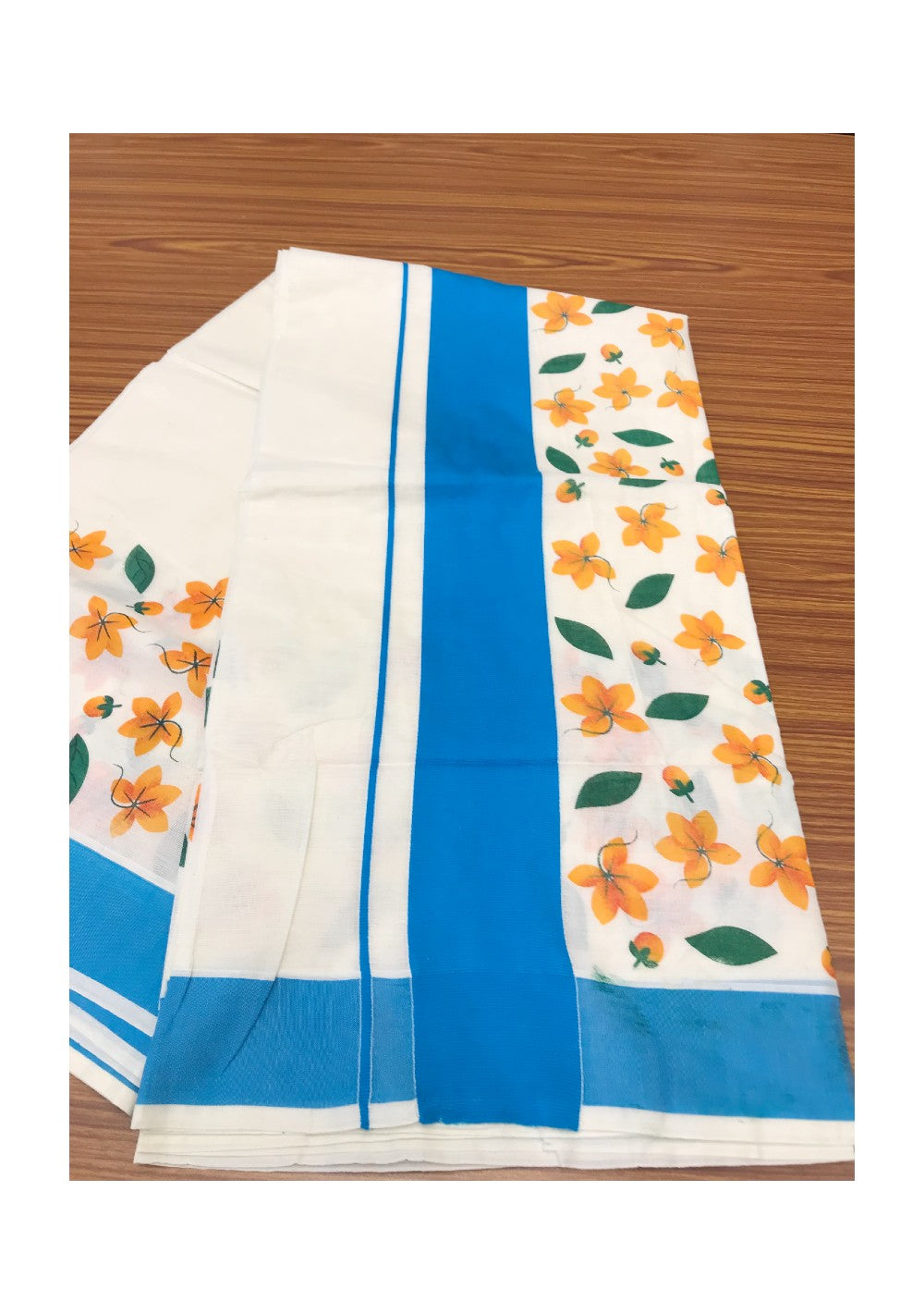 20% Kaitharikada Kerala Saree - Cotton Printed 4 Inch Sky Blue Boder  Zari -Orange Flower Prints- 5